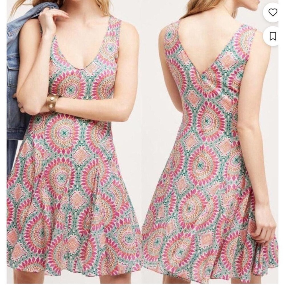 Anthropologie HD in Paris Dress Women Size 6 Pink Green Mandala Boho Flare